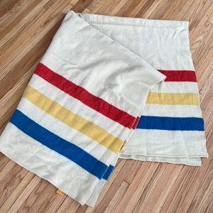 76” x 64” Wool throw blanket primary red yellow blue stripes vintage goldendawn